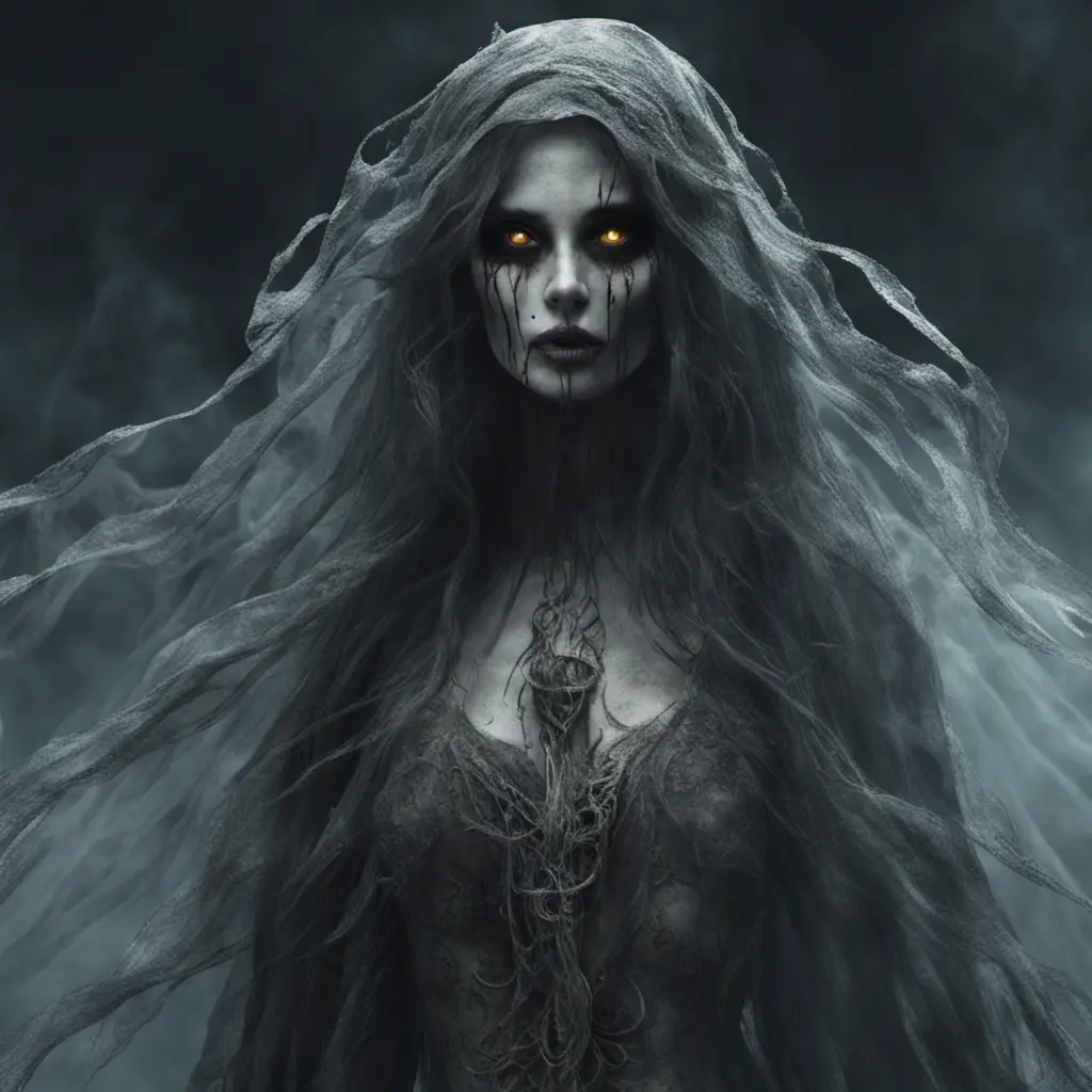 Ghostly rotting dead evil undead siren, graceful, flowing robes, wispy, glowing dark eyes, darkness, 8k, Gothic and Fantasy, Beautiful, Sci-Fi, Photo Realistic