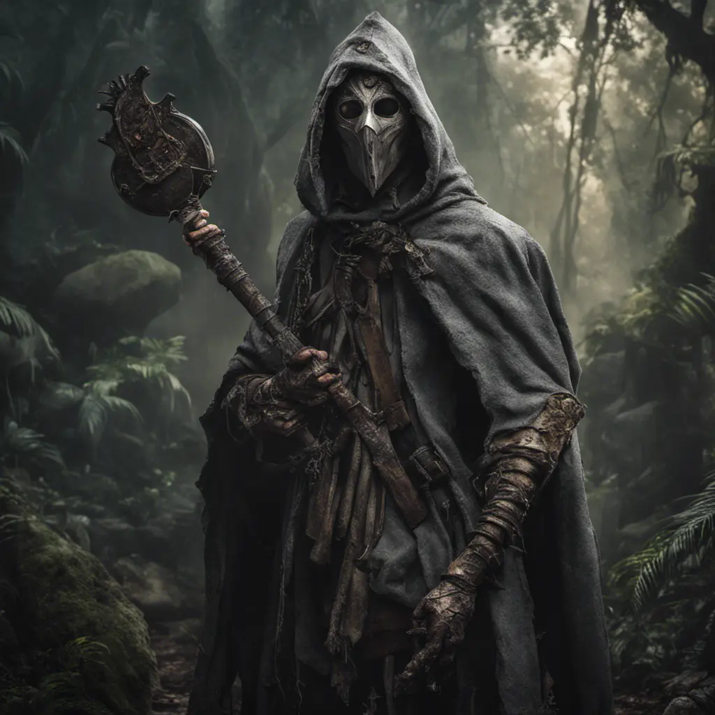 Warrior in tattered gray cloak and crooked ceramic plague docter mask wielding jungle weapon, 8k, Gothic and Fantasy, Elden Ring, Photo Realistic, Dynamic Lighting by Greg Rutkowski