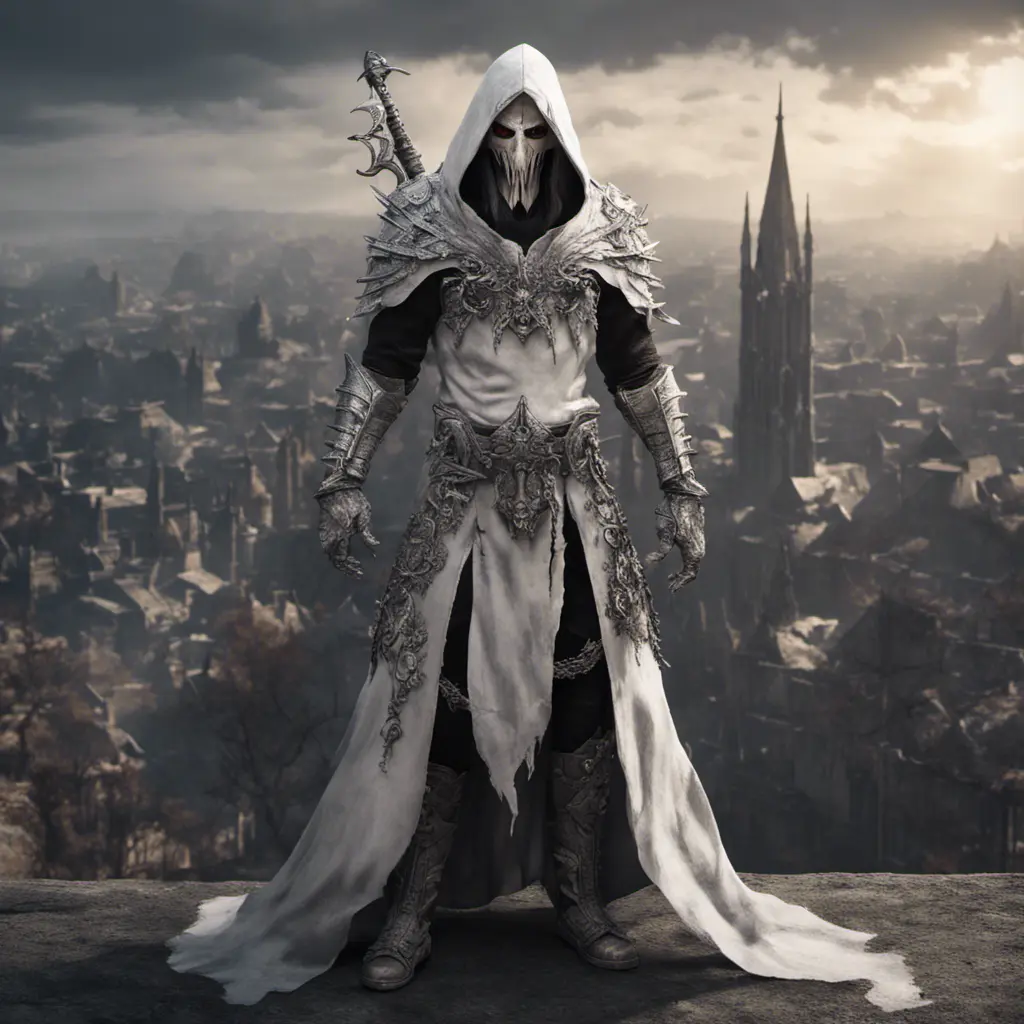 White male warrior long silver  hair with organic bone full body armour and a hooded cloak wearing a bone demonic mask, overlooking a gothic massive city, 8k, Gothic and Fantasy, Elden Ring, Photo Realistic, Dynamic Lighting by Greg Rutkowski