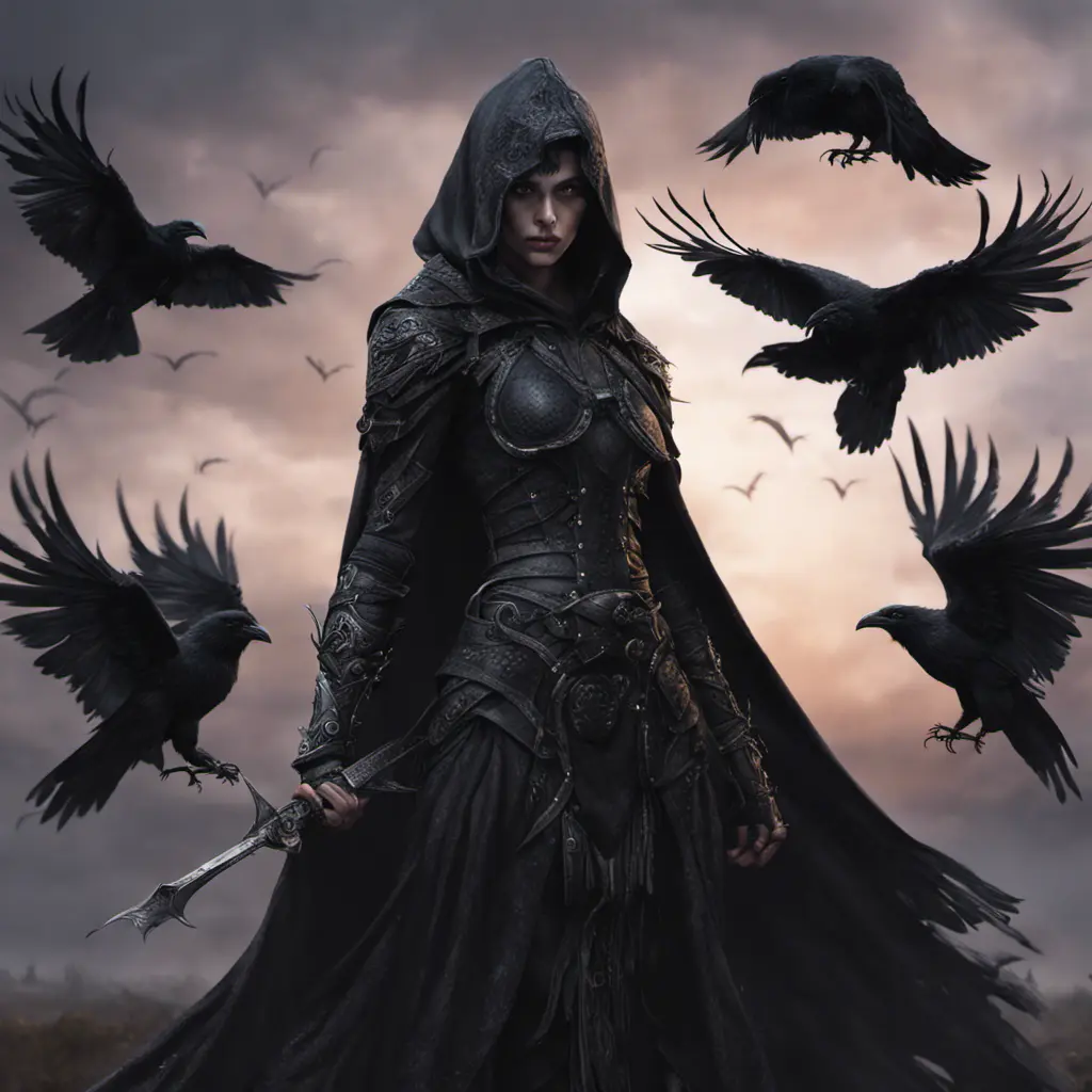 Intricate portrait of a horrifying pale assassin dusk elf, black hair, black eyes, fully covering black hooded armor, ravens, 8k, Gothic and Fantasy, Beautiful, Sci-Fi, Photo Realistic