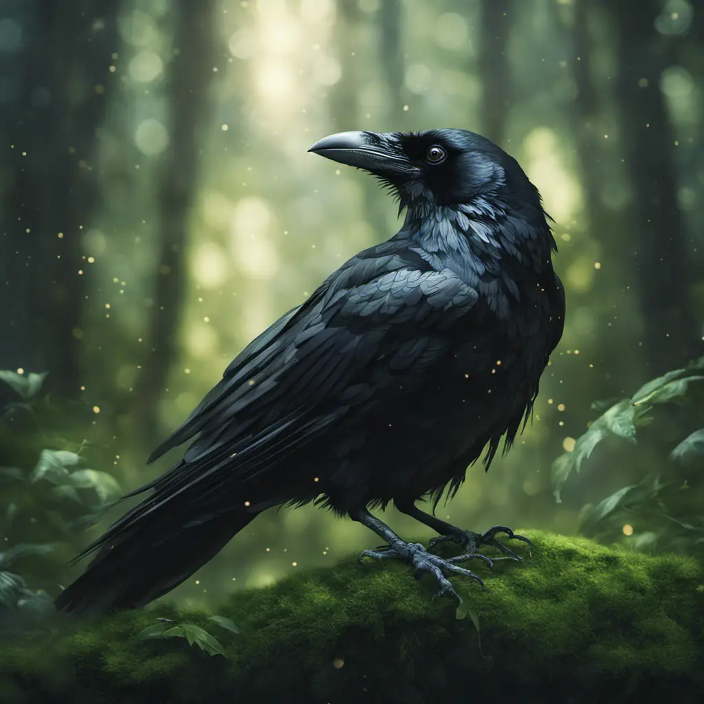 Raven in a green magical forest, Highly Detailed, Bokeh effect, Sharp Focus, Volumetric Lighting, Fantasy by Greg Rutkowski