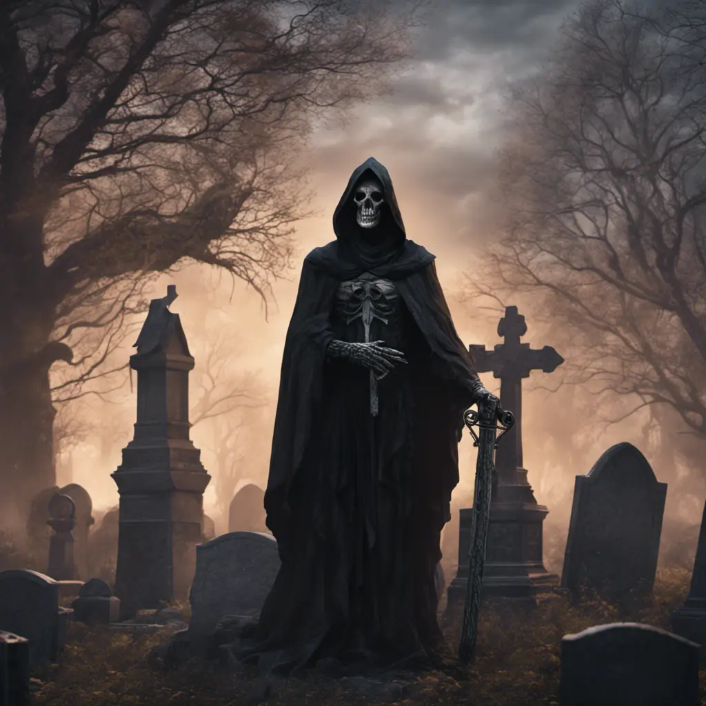 Portrait of the grim reaper in a graveyard, 8k, Gothic and Fantasy, Elden Ring, Photo Realistic, Dynamic Lighting by Greg Rutkowski