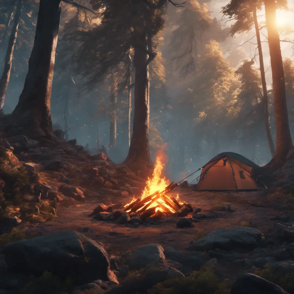 A highly detailed matte painting of a camp fire in an epic mountain forest, 4k resolution, Masterpiece, Trending on Artstation, Cyberpunk, Octane Render, Volumetric Lighting