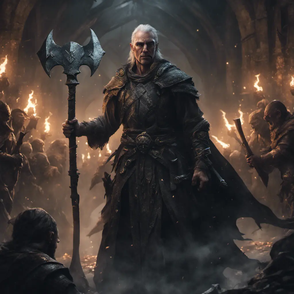 Portrait of a battlemage in a dark-fantasay world during his last standoff ,leading an army of light against demons. Holding two Axes, 8k, Gothic and Fantasy, Elden Ring, Photo Realistic, Dynamic Lighting by Greg Rutkowski