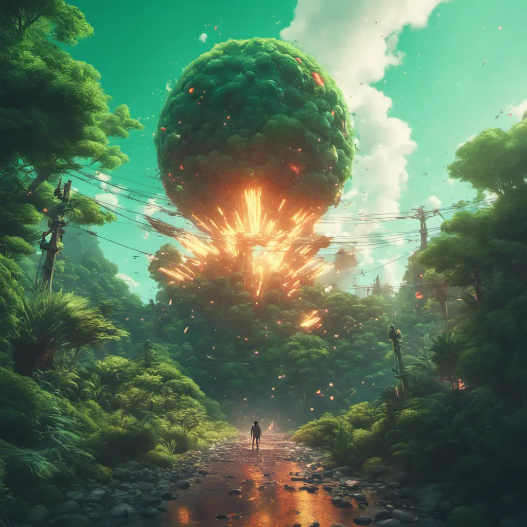 Studio ghibli, rocket explosion, jungle, solar, green technology, optimist future, 8k, Bokeh effect, Cinematic Lighting, Octane Render, Iridescence, Vibrant by Beeple, Dan Mumford, Greg Rutkowski, WLOP