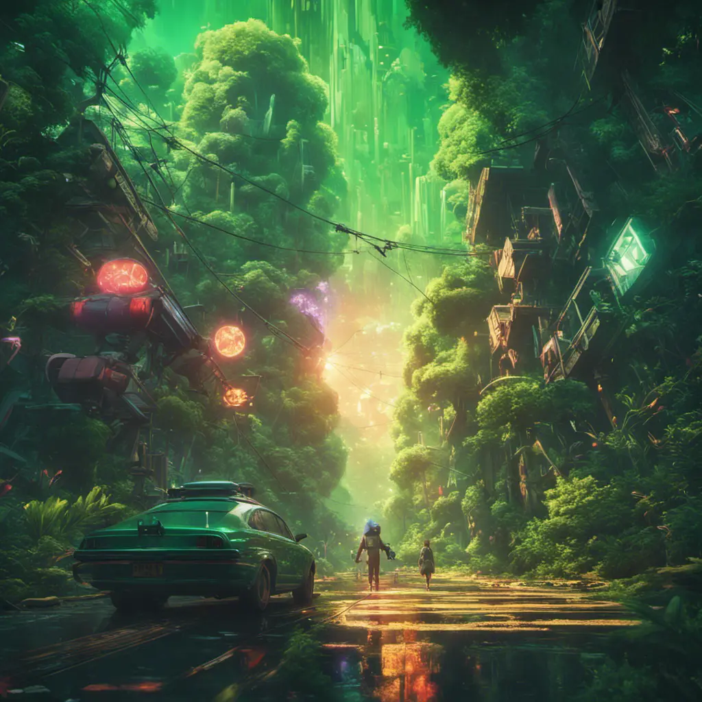 Studio ghibli, rocket explosion, jungle, solar, green technology, optimist future, 8k, Bokeh effect, Cinematic Lighting, Iridescence, Vibrant by Beeple, Dan Mumford, Greg Rutkowski, WLOP