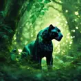 Panther in a luscious green magical forest, Highly Detailed, Bokeh effect, Sharp Focus, Volumetric Lighting, Fantasy by Greg Rutkowski