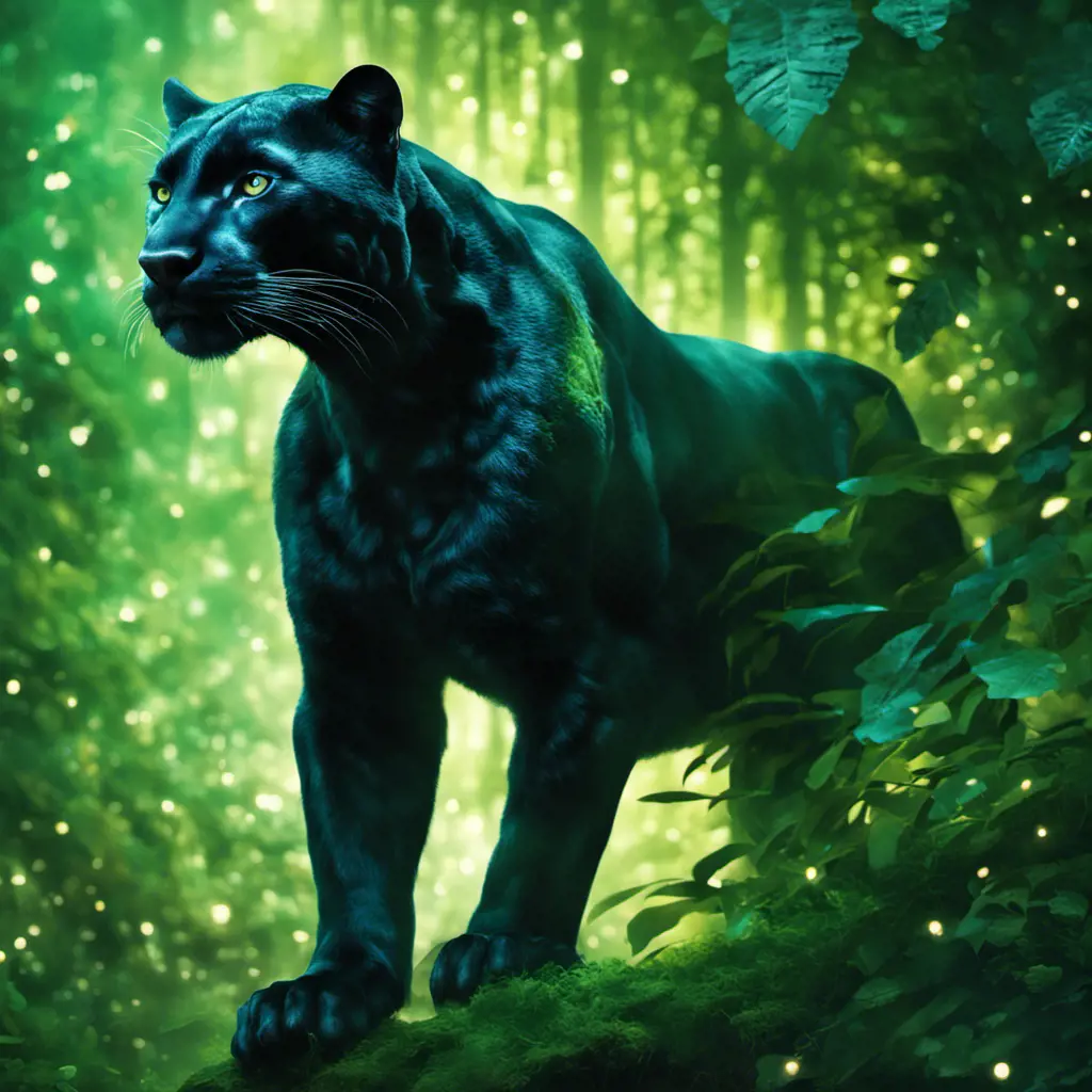 Panther in a luscious green magical forest, Highly Detailed, Bokeh effect, Sharp Focus, Volumetric Lighting, Fantasy by Greg Rutkowski