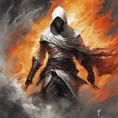 White Assassin emerging from a firey fog of battle, ink splash, Highly Detailed, Vibrant Colors, Ink Art, Fantasy, Dark by Stanley Artgerm Lau