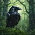Raven in a green magical forest, Highly Detailed, Bokeh effect, Sharp Focus, Volumetric Lighting, Fantasy by Greg Rutkowski