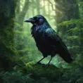 Raven in a green magical forest, Highly Detailed, Bokeh effect, Sharp Focus, Volumetric Lighting, Fantasy by Greg Rutkowski