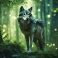 Wolf in a green magical forest, Highly Detailed, Bokeh effect, Sharp Focus, Volumetric Lighting, Fantasy by Greg Rutkowski