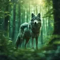 Wolf in a green magical forest, Highly Detailed, Bokeh effect, Sharp Focus, Volumetric Lighting, Fantasy by Greg Rutkowski