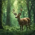 Deer in a green magical forest, Highly Detailed, Bokeh effect, Sharp Focus, Volumetric Lighting, Fantasy by Greg Rutkowski