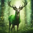 Deer in a green magical forest, Highly Detailed, Bokeh effect, Sharp Focus, Volumetric Lighting, Fantasy by Greg Rutkowski