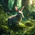 Rabbit in a green magical forest, Highly Detailed, Bokeh effect, Sharp Focus, Volumetric Lighting, Fantasy by Greg Rutkowski