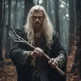 A masculine blonde wizard inside the forest, fighting an evil spirit with a magical staff, 8k, Gothic and Fantasy, Beautiful, Sci-Fi, Photo Realistic