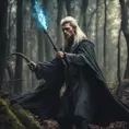 A masculine blonde wizard inside the forest, fighting an evil spirit with a magical staff, 8k, Gothic and Fantasy, Beautiful, Sci-Fi, Photo Realistic