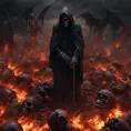 Grim reaper in hell, above a pile of corpses, dark and scary night, 8k, Gothic and Fantasy, Beautiful, Sci-Fi, Photo Realistic
