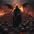 Grim reaper in hell, above a pile of corpses, dark and scary night, 8k, Gothic and Fantasy, Beautiful, Sci-Fi, Photo Realistic