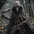 Warrior in tattered gray cloak and crooked ceramic plague docter mask wielding jungle weapon, 8k, Gothic and Fantasy, Elden Ring, Photo Realistic, Dynamic Lighting by Greg Rutkowski