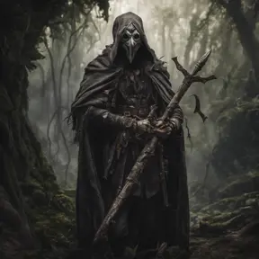 Warrior in tattered gray cloak and crooked ceramic plague docter mask wielding jungle weapon, 8k, Gothic and Fantasy, Elden Ring, Photo Realistic, Dynamic Lighting by Greg Rutkowski