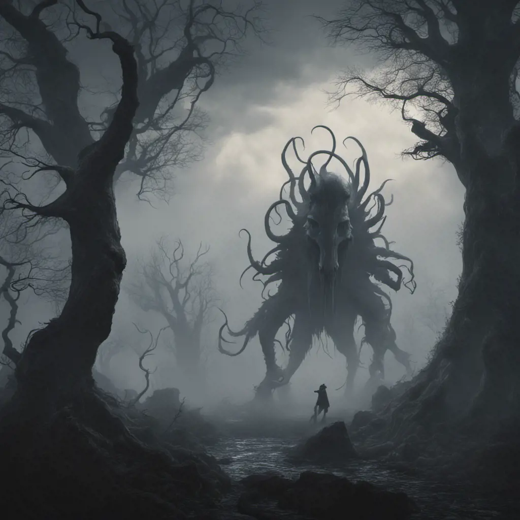 Creature eldritch horror, dark obscured by fog, 8k, Gothic and Fantasy, Elden Ring, Photo Realistic, Dynamic Lighting by Greg Rutkowski