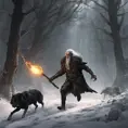 an a old dark elf running into the wood being pursuit by a wolf and humans with an torch. About middle earth, 8k, Gothic and Fantasy, Beautiful, Sci-Fi, Photo Realistic by Greg Rutkowski