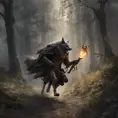 an a old dark elf running into the wood being pursuit by a wolf and humans with an torch. About middle earth, 8k, Gothic and Fantasy, Beautiful, Sci-Fi, Photo Realistic by Greg Rutkowski