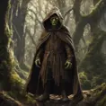 Detailed goblin with tired expression wearing a brown hooded cloak in a forest, 8k, Gothic and Fantasy, Elden Ring, Photo Realistic, Dynamic Lighting by Greg Rutkowski
