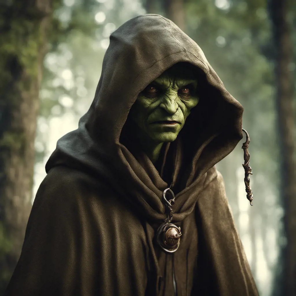 Detailed goblin with tired expression wearing a brown hooded cloak in a forest, 8k, Gothic and Fantasy, Elden Ring, Photo Realistic, Dynamic Lighting by Greg Rutkowski