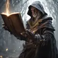 Fierce wizard with book in left and sword right hand, 8k, Gothic and Fantasy, Elden Ring, Photo Realistic, Dynamic Lighting by Greg Rutkowski