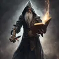 Fierce wizard with book in left and sword right hand, 8k, Gothic and Fantasy, Elden Ring, Photo Realistic, Dynamic Lighting by Greg Rutkowski