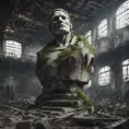 Close up, top view of a huge stone statue broken into pieces inside an abandoned warehouse overgrown inside abandonated factory, big rocks,, 8k, Gothic and Fantasy, Beautiful, Sci-Fi, Photo Realistic by Greg Rutkowski
