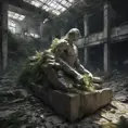 Close up, top view of a huge stone statue broken into pieces inside an abandoned warehouse overgrown inside abandonated factory, big rocks,, 8k, Gothic and Fantasy, Beautiful, Sci-Fi, Photo Realistic by Greg Rutkowski