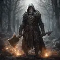 Portrait of a battlemage in a dark-fantasay world during his last standoff ,leading an army of light against demons. Holding two Axes, 8k, Gothic and Fantasy, Elden Ring, Photo Realistic, Dynamic Lighting by Greg Rutkowski