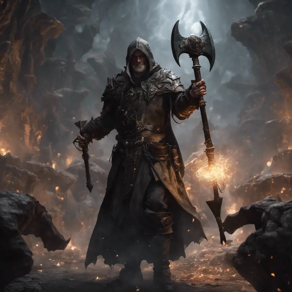 Portrait of a battlemage in a dark-fantasay world during his last standoff ,leading an army of light against demons. Holding two Axes, 8k, Gothic and Fantasy, Elden Ring, Photo Realistic, Dynamic Lighting by Greg Rutkowski