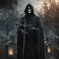 Portrait of the grim reaper in a graveyard, 8k, Gothic and Fantasy, Elden Ring, Photo Realistic, Dynamic Lighting by Greg Rutkowski