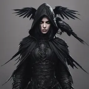 Intricate portrait of a horrifying pale assassin dusk elf, black hair, black eyes, fully covering black hooded armor, ravens, 8k, Gothic and Fantasy, Beautiful, Sci-Fi, Photo Realistic