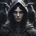 Intricate portrait of a horrifying pale assassin dusk elf, black hair, black eyes, fully covering black hooded armor, ravens, 8k, Gothic and Fantasy, Beautiful, Sci-Fi, Photo Realistic