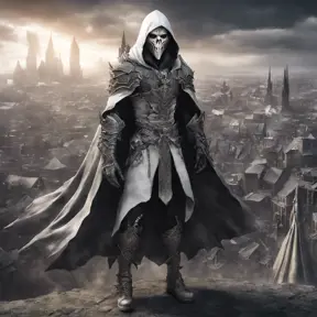 White male warrior long silver  hair with organic bone full body armour and a hooded cloak wearing a bone demonic mask, overlooking a gothic massive city, 8k, Gothic and Fantasy, Elden Ring, Photo Realistic, Dynamic Lighting by Greg Rutkowski