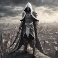 White male warrior long silver  hair with organic bone full body armour and a hooded cloak wearing a bone demonic mask, overlooking a gothic massive city, 8k, Gothic and Fantasy, Elden Ring, Photo Realistic, Dynamic Lighting by Greg Rutkowski