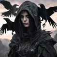Intricate portrait of a horrifying pale assassin dusk elf, black hair, black eyes, fully covering black hooded armor in an apocalytpic world with Ravens, 8k, Gothic and Fantasy, Beautiful, Sci-Fi, Photo Realistic