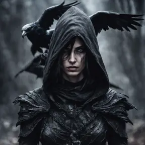 Intricate portrait of a horrifying pale assassin dusk elf, black hair, black eyes, fully covering black hooded armor in an apocalytpic world with Ravens, 8k, Gothic and Fantasy, Beautiful, Sci-Fi, Photo Realistic