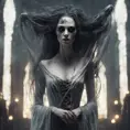 Ghostly rotting dead evil undead siren, graceful, flowing robes, wispy, glowing dark eyes, darkness, 8k, Gothic and Fantasy, Beautiful, Sci-Fi, Photo Realistic