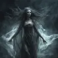 Ghostly rotting dead evil undead siren, graceful, flowing robes, wispy, glowing dark eyes, darkness, 8k, Gothic and Fantasy, Beautiful, Sci-Fi, Photo Realistic