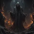 Face a dementor with a reaped and scary tunica in hell, above a pile of corpses, dark and scary night, realistic, detailed, horror, spooky, terror, 8k, Gothic and Fantasy, Elden Ring, Photo Realistic, Dynamic Lighting by Stanley Artgerm Lau, Greg Rutkowski