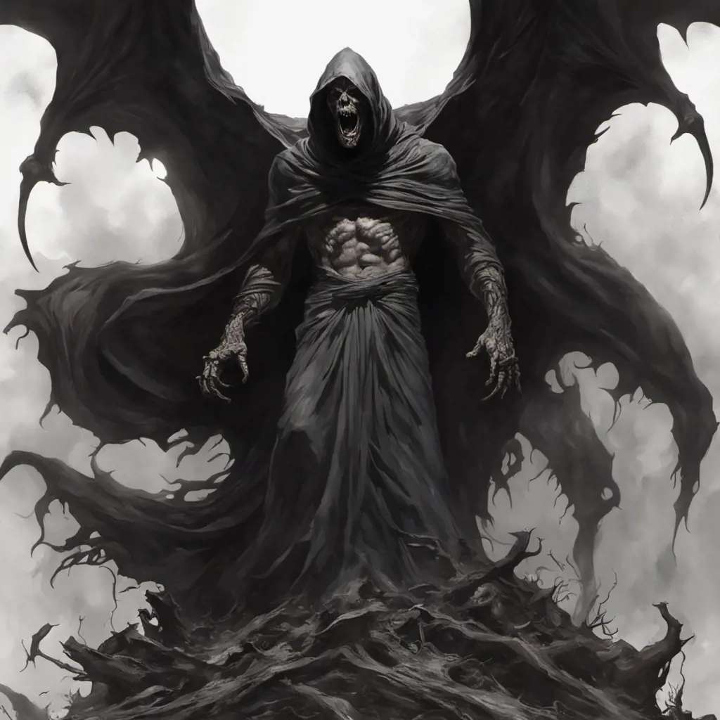 Face a dementor with a reaped and scary tunica in hell, above a pile of corpses, dark and scary night, realistic, detailed, horror, spooky, terror, 8k, Gothic and Fantasy, Elden Ring, Photo Realistic, Dynamic Lighting by Stanley Artgerm Lau, Greg Rutkowski