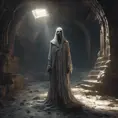 Shimmering ghost in an apocalyptic underground world, 8k, Gothic and Fantasy, Elden Ring, Photo Realistic, Dynamic Lighting by Greg Rutkowski