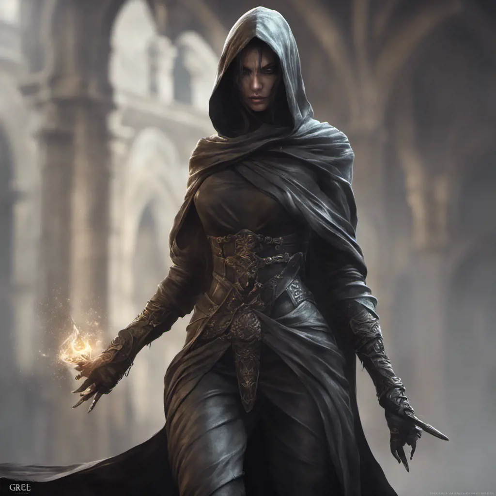 Veiled female wraith assassin, 8k, Gothic and Fantasy, Elden Ring, Photo Realistic, Dynamic Lighting by Stanley Artgerm Lau, Greg Rutkowski